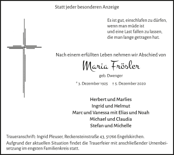 Anzeige von Maria Frösler von  Anzeigen Echo 