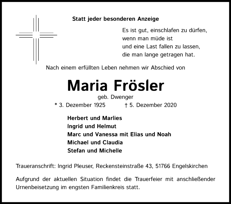  Traueranzeige für Maria Frösler vom 12.12.2020 aus Kölner Stadt-Anzeiger / Kölnische Rundschau / Express