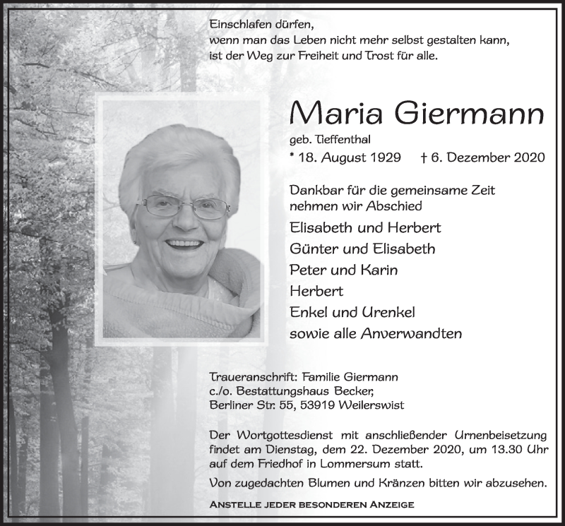  Traueranzeige für Maria Giermann vom 12.12.2020 aus  Blickpunkt Euskirchen 