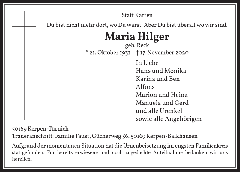  Traueranzeige für Maria Hilger vom 04.12.2020 aus  Werbepost 