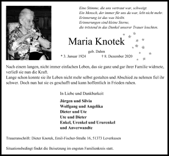 Anzeige von Maria Knotek von Kölner Stadt-Anzeiger / Kölnische Rundschau / Express