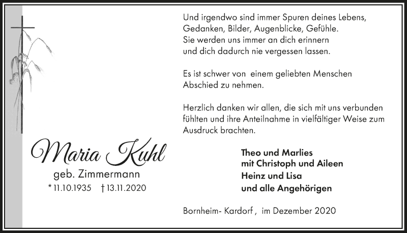  Traueranzeige für Maria Kuhl vom 11.12.2020 aus  Schaufenster/Blickpunkt 