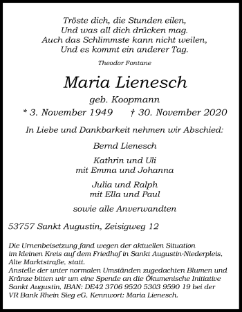 Anzeige von Maria Lienesch von Kölner Stadt-Anzeiger / Kölnische Rundschau / Express
