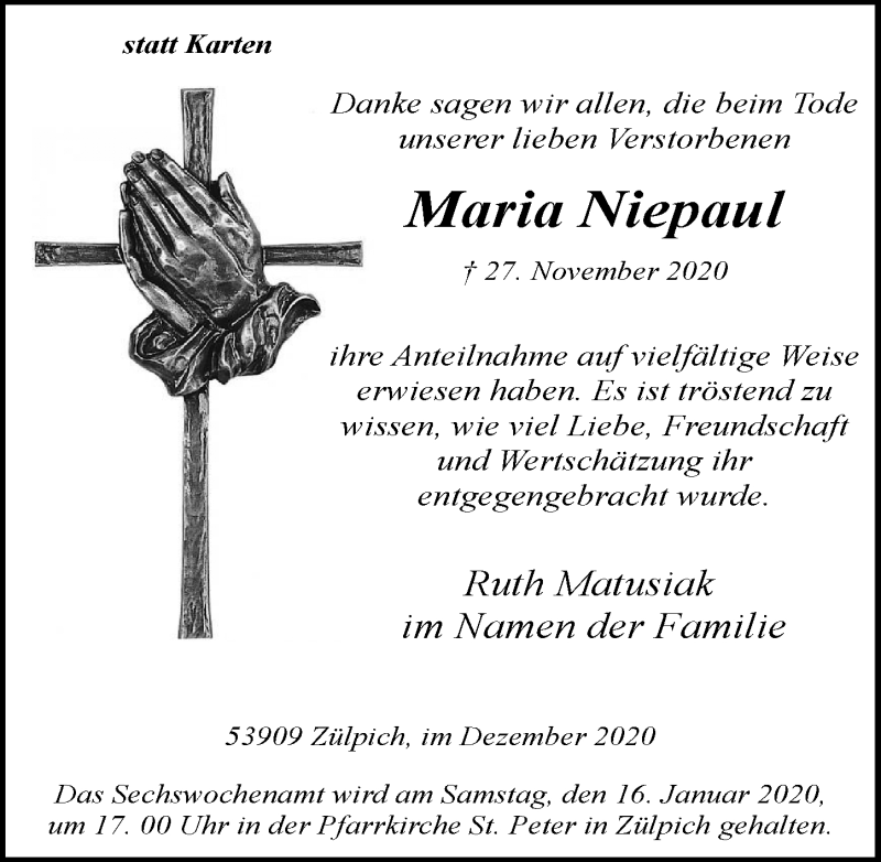  Traueranzeige für Maria Niepaul vom 19.12.2020 aus  Blickpunkt Euskirchen 