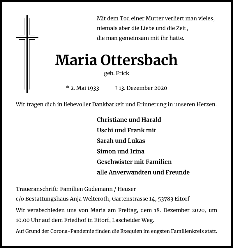  Traueranzeige für Maria Ottersbach vom 16.12.2020 aus Kölner Stadt-Anzeiger / Kölnische Rundschau / Express