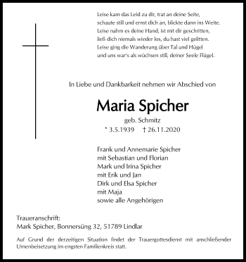 Anzeige von Maria Spicher von Kölner Stadt-Anzeiger / Kölnische Rundschau / Express