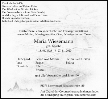Anzeige von Maria Wiesemann von Kölner Stadt-Anzeiger / Kölnische Rundschau / Express