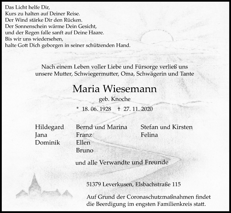  Traueranzeige für Maria Wiesemann vom 05.12.2020 aus Kölner Stadt-Anzeiger / Kölnische Rundschau / Express