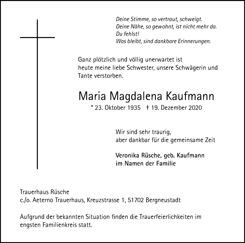  Traueranzeige für Maria Magdalena Kaufmann vom 24.12.2020 aus Kölner Stadt-Anzeiger / Kölnische Rundschau / Express