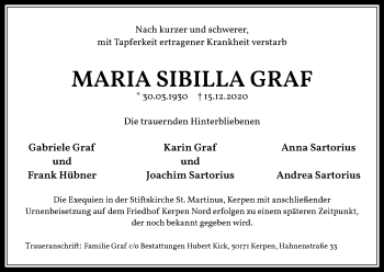 Anzeige von Maria Sibilla Graf von Kölner Stadt-Anzeiger / Kölnische Rundschau / Express