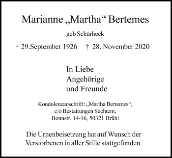 Anzeige von Marianne Bertemes von Kölner Stadt-Anzeiger / Kölnische Rundschau / Express