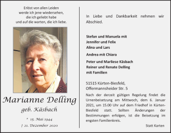 Anzeige von Marianne Delling von Kölner Stadt-Anzeiger / Kölnische Rundschau / Express