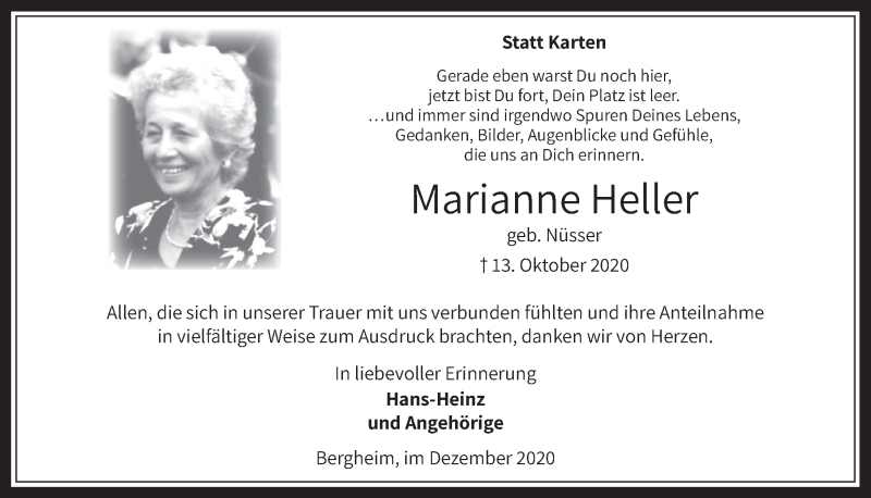  Traueranzeige für Marianne Heller vom 04.12.2020 aus  Werbepost 