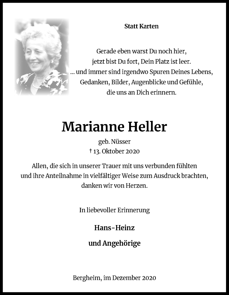  Traueranzeige für Marianne Heller vom 05.12.2020 aus Kölner Stadt-Anzeiger / Kölnische Rundschau / Express