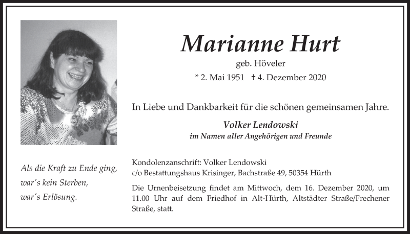  Traueranzeige für Marianne Hurt vom 11.12.2020 aus  Wochenende 