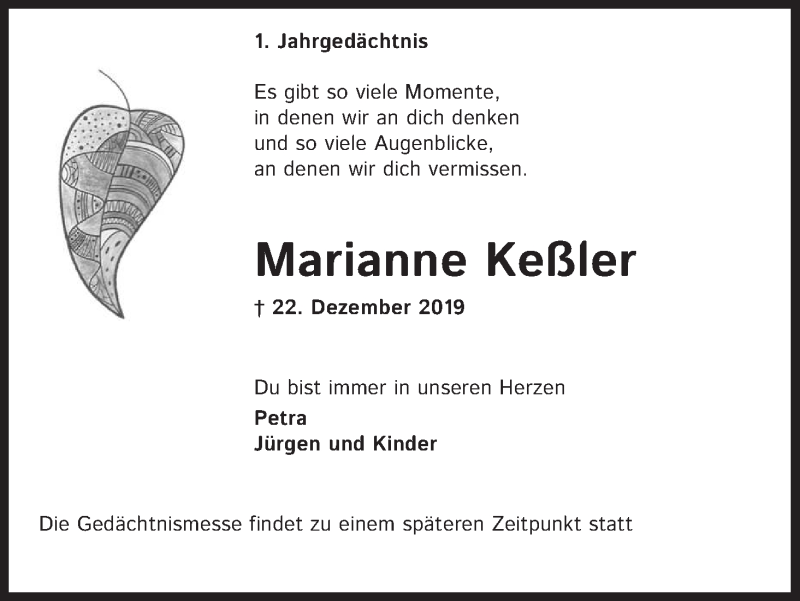  Traueranzeige für Marianne Keßler vom 22.12.2020 aus Kölner Stadt-Anzeiger / Kölnische Rundschau / Express