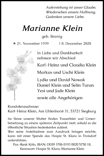 Anzeige von Marianne Klein von Kölner Stadt-Anzeiger / Kölnische Rundschau / Express