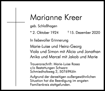 Anzeige von Marianne Kreer von Kölner Stadt-Anzeiger / Kölnische Rundschau / Express