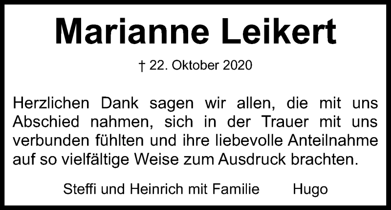  Traueranzeige für Marianne Leikert vom 05.12.2020 aus Kölner Stadt-Anzeiger / Kölnische Rundschau / Express