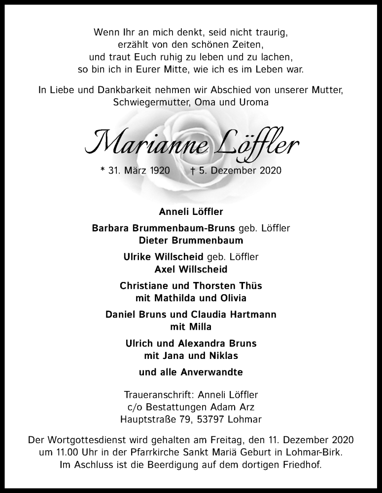  Traueranzeige für Marianne Löffler vom 09.12.2020 aus Kölner Stadt-Anzeiger / Kölnische Rundschau / Express