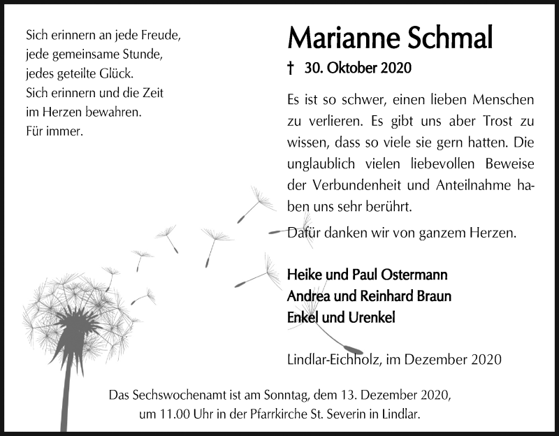  Traueranzeige für Marianne Schmal vom 05.12.2020 aus Kölner Stadt-Anzeiger / Kölnische Rundschau / Express