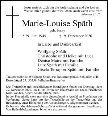 Anzeige von Marie-Louise Späth von Kölner Stadt-Anzeiger / Kölnische Rundschau / Express