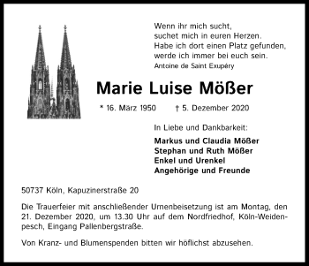 Anzeige von Marie Luise Mößer von Kölner Stadt-Anzeiger / Kölnische Rundschau / Express