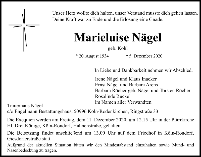 Traueranzeige für Marieluise Nägel vom 09.12.2020 aus Kölner Stadt-Anzeiger / Kölnische Rundschau / Express