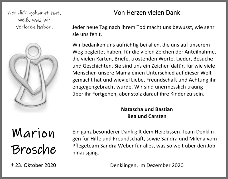  Traueranzeige für Marion Brosche vom 11.12.2020 aus  Lokalanzeiger 