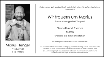 Anzeige von Marius Henger von Kölner Stadt-Anzeiger / Kölnische Rundschau / Express