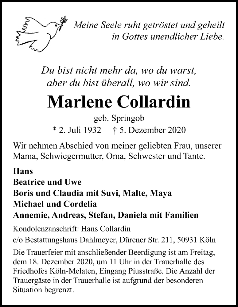  Traueranzeige für Marlene Collardin vom 12.12.2020 aus Kölner Stadt-Anzeiger / Kölnische Rundschau / Express