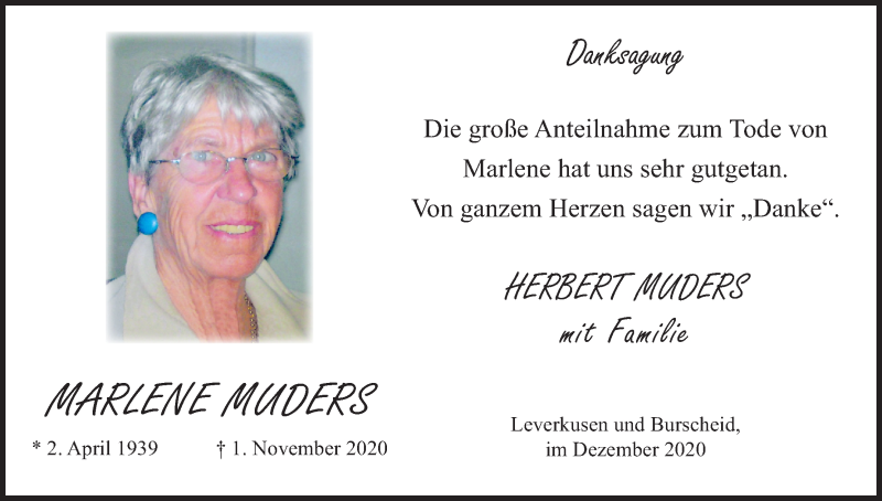  Traueranzeige für Marlene Muders vom 12.12.2020 aus Kölner Stadt-Anzeiger / Kölnische Rundschau / Express