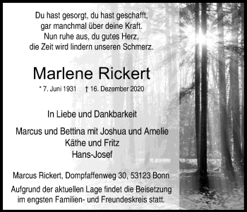 Anzeige von Marlene Rickert von Kölner Stadt-Anzeiger / Kölnische Rundschau / Express