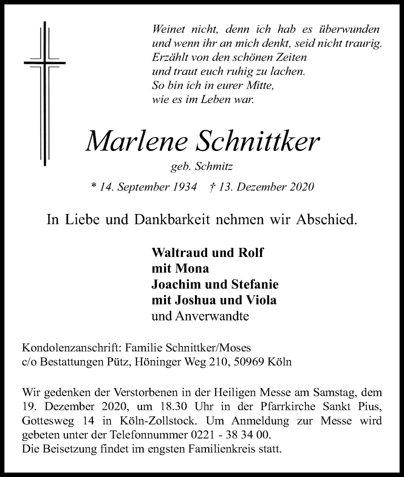  Traueranzeige für Marlene Schnittker vom 19.12.2020 aus Kölner Stadt-Anzeiger / Kölnische Rundschau / Express