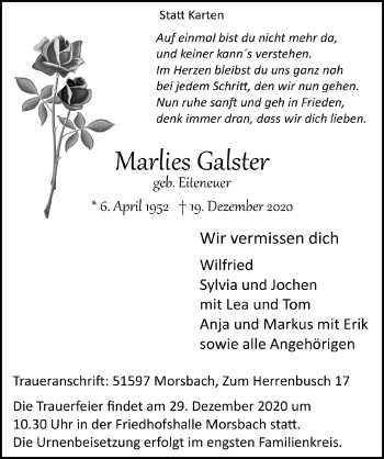 Anzeige von Marlies Galster von  Lokalanzeiger 