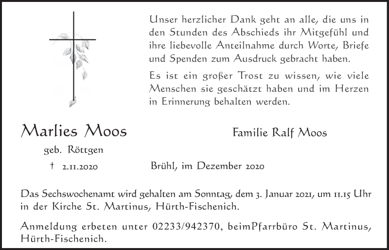  Traueranzeige für Marlies Moos vom 18.12.2020 aus  Wochenende 