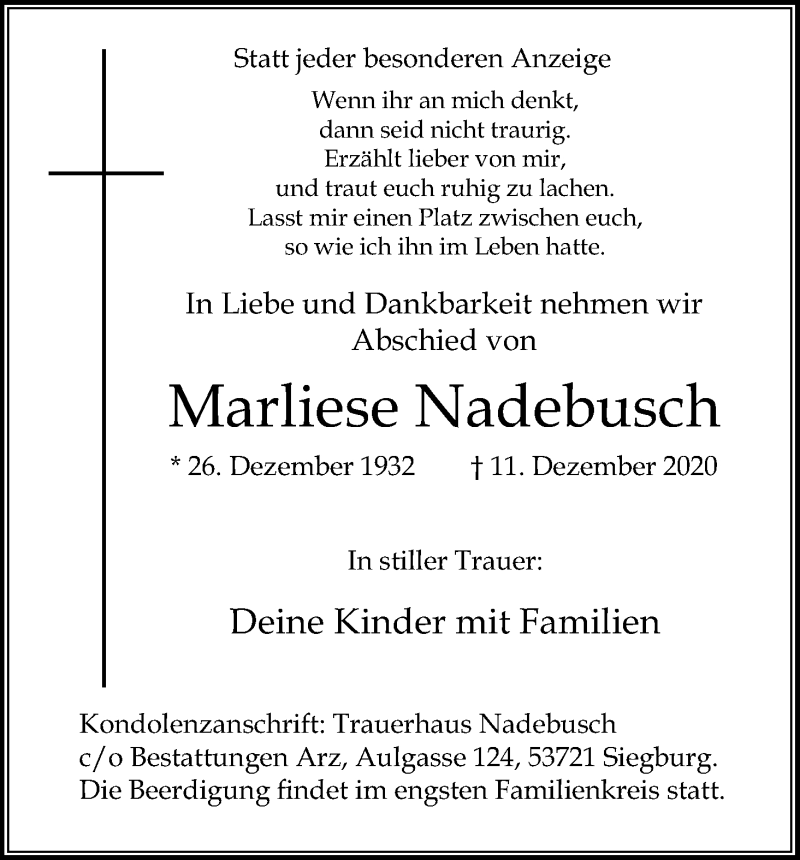  Traueranzeige für Marliese Nadebusch vom 16.12.2020 aus Kölner Stadt-Anzeiger / Kölnische Rundschau / Express