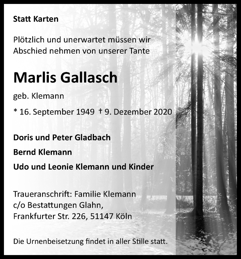  Traueranzeige für Marlis Gallasch vom 23.12.2020 aus Kölner Stadt-Anzeiger / Kölnische Rundschau / Express