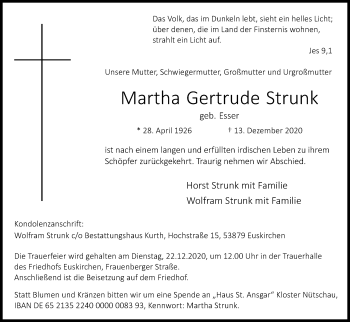 Anzeige von Martha Gertrude Strunk von Kölner Stadt-Anzeiger / Kölnische Rundschau / Express