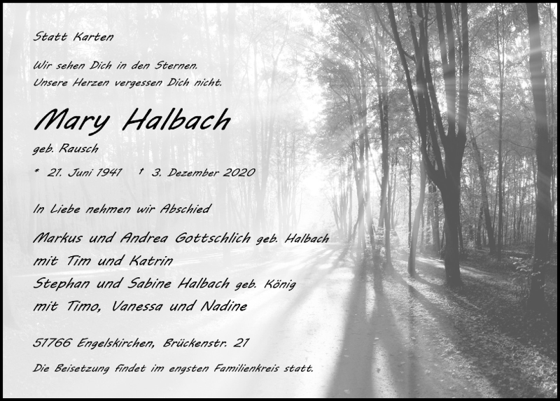  Traueranzeige für Mary Halbach vom 11.12.2020 aus  Anzeigen Echo 