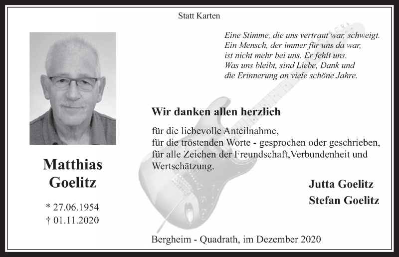  Traueranzeige für Matthias Goelitz vom 11.12.2020 aus  Werbepost 