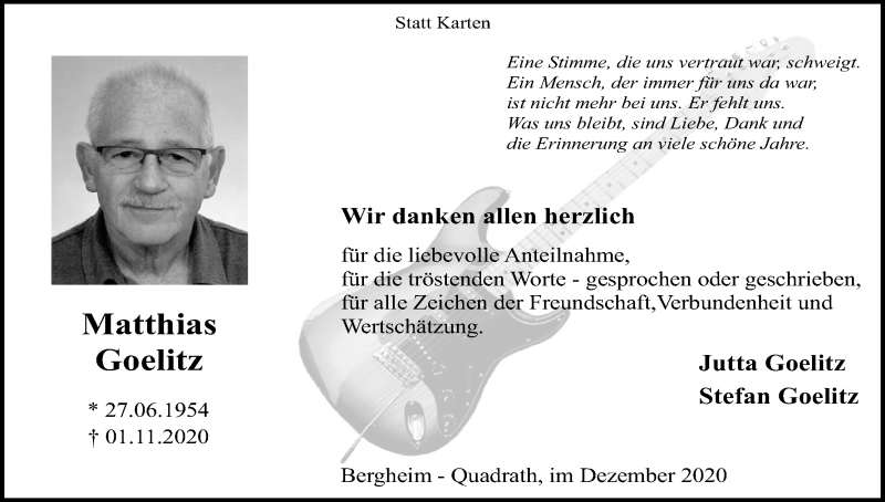  Traueranzeige für Matthias Goelitz vom 12.12.2020 aus Kölner Stadt-Anzeiger / Kölnische Rundschau / Express