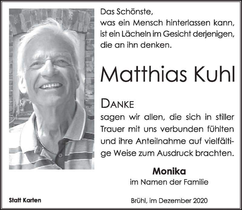  Traueranzeige für Matthias Kuhl vom 28.12.2020 aus  Schlossbote/Werbekurier 