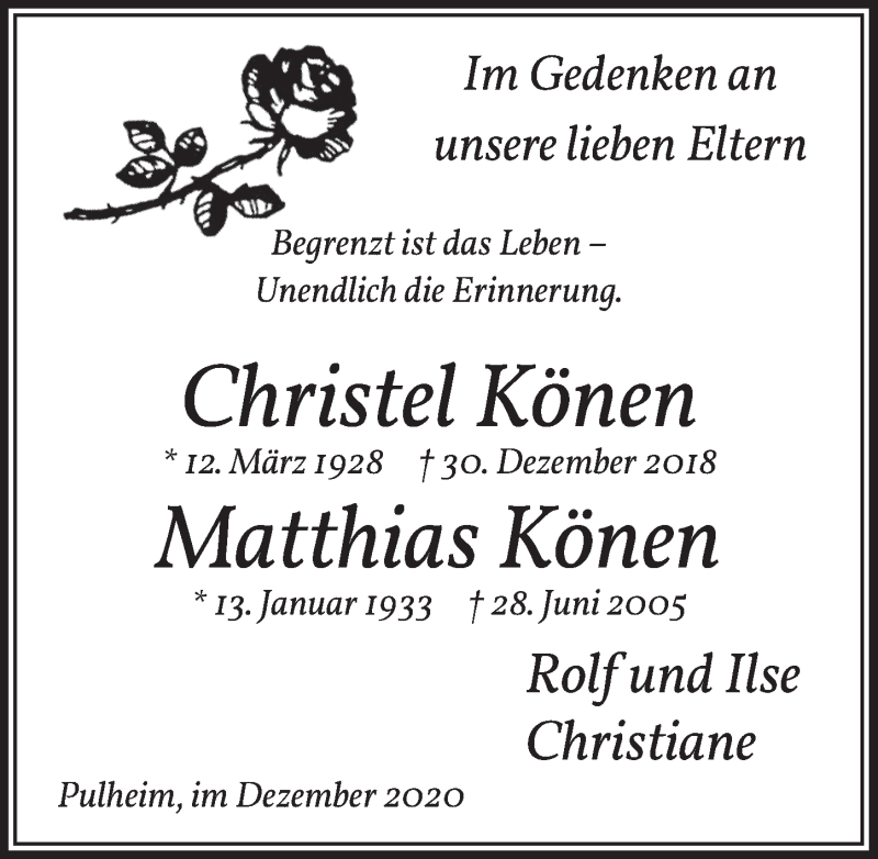  Traueranzeige für Matthias Könen vom 28.12.2020 aus  Wochenende 
