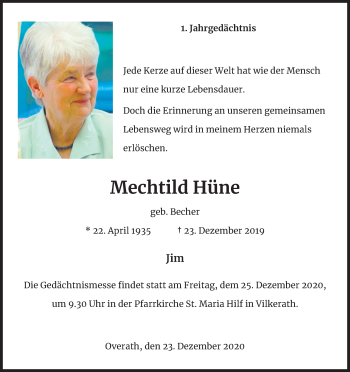 Anzeige von Mechtild Hüne von Kölner Stadt-Anzeiger / Kölnische Rundschau / Express