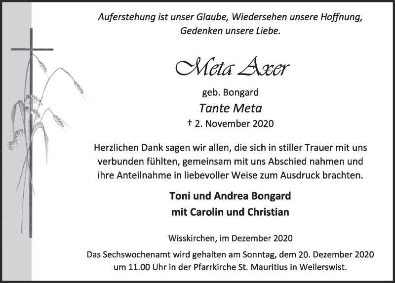  Traueranzeige für Meta Axer vom 05.12.2020 aus  Blickpunkt Euskirchen 