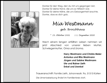 Anzeige von Mia Westmann von Kölner Stadt-Anzeiger / Kölnische Rundschau / Express
