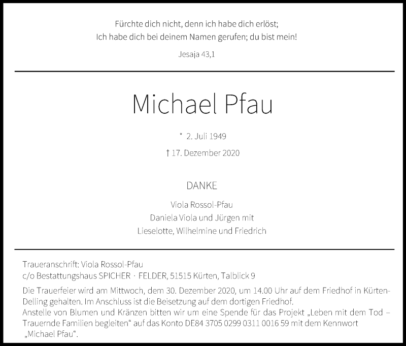  Traueranzeige für Michael Pfau vom 23.12.2020 aus Kölner Stadt-Anzeiger / Kölnische Rundschau / Express