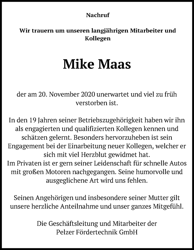  Traueranzeige für Mike Maas vom 07.12.2020 aus Kölner Stadt-Anzeiger / Kölnische Rundschau / Express