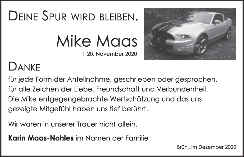  Traueranzeige für Mike Maas vom 28.12.2020 aus  Schlossbote/Werbekurier 